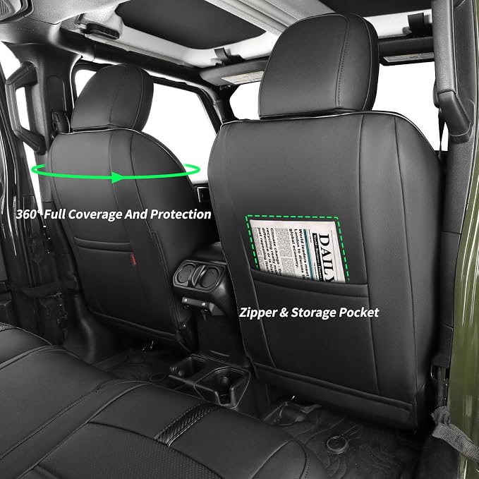 Front Seat Covers for 2024-26 Wrangler 4drs,Rear w/Armrest(Black/Carbon ) | 1:1 Custom Fit,Factory Look,Easy Installation,Airbag Compatible,Waterproof Faux Leather & Easy to Clean,Pet Friendly - Image 2