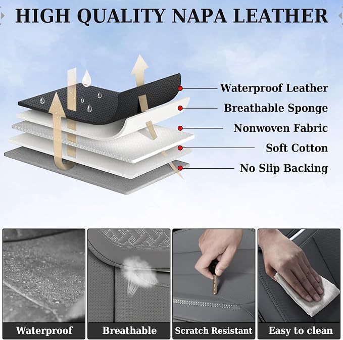 Coverado Car Seat Covers Front Seats, Luxury Nappa Leather Waterproof Seat Covers for Cars, Universal Front Seat Covers, Driver Seat Protector Automotive Interior Accessories Fit for Most Cars,(Gray) - Image 3