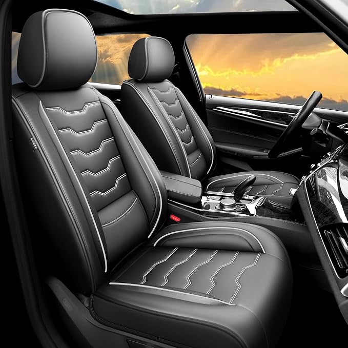 Fit Rogue Car Seat Covers Compatible with Nissan Rogue 2014-2026 -Full Set Premium Leather Waterproof Breathable，All-Weather Seat Cushion Protecto & Airbag Compatible（Full Set,White Line Black by Unknown
