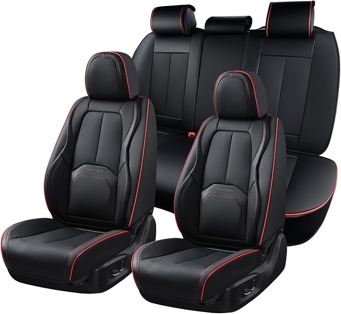 Coverado Car Seat Covers Full Set, Premium Nappa Leather Seat Covers for Car, Waterproof Car Seat Protector with Lumbar Support, Car Seat Cover Universal Fit for Most Cars SUV Truck(Black&Red) by COVERADOAUTO