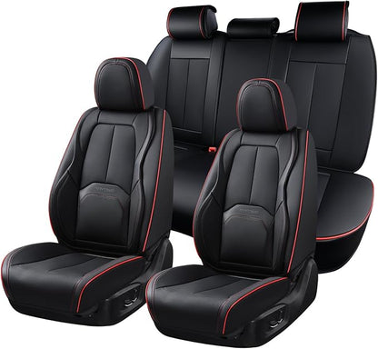 Coverado Car Seat Covers Full Set, Premium Nappa Leather Seat Covers for Car, Waterproof Car Seat Protector with Lumbar Support, Car Seat Cover Universal Fit for Most Cars SUV Truck(Black&Red) by COVERADOAUTO