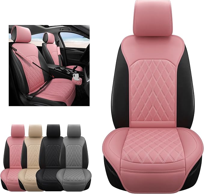 Front Car Seat Covers - Leather Seat Covers with Storage Pocket and Two Belt Pads, Anti-Slip Waterproof Universal Seat Covers for Cars Fit Cars Trucks SUV(Pink,2 Pack) - Image 8