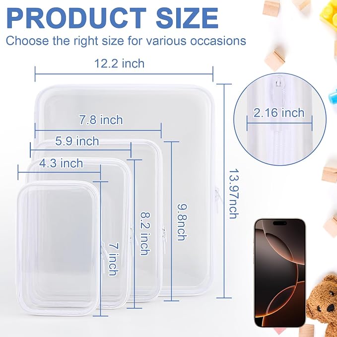 YOPCDJ Clear Hard Shell Zipper Case, Clear Zipper Pouches Waterproof Makeup Organizer & Travel Toiletry Storage Bag, Plastic Pouch for Office, Home, White, 4Pack XL+L+M+S - Image 2