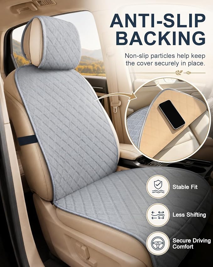Linen Car Front Seat Covers, Breathable Linen Car Seat Protector | With A Carrying Pouch And Non-Slip Nubs On The Back; Universal Fit Cars Vans SUVs Trucks, 2 Units, Grey - Image 4