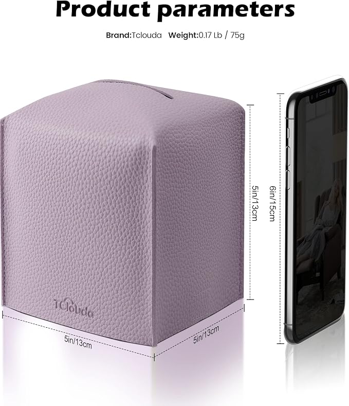 Tissue Box Cover for PU Leather, Modern Simple Solid Color Holder Square Tissue Bag, Ideal for Bathrooms,Office,Car,Nightstand,Outdoor Tent,Dining Table,5"X5"X5", Double Purple - Image 2
