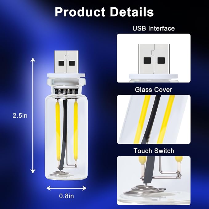 Car USB Night Light Touch Dimmable - 1-Pack Retro LED Filament Lamp for Truck Interior, Bedroom & Camping | Glass Bottle Ambiance Lighting (Blue) - Image 5
