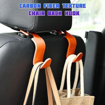 4 Pack 4.13 Inch Carbon Fiber Car Seat Headrest Hooks, Orange | plastic body, supports up to 55 lb, tool-free post fit, rotates beneath headrest when idle, interior storage accessory - Image 2