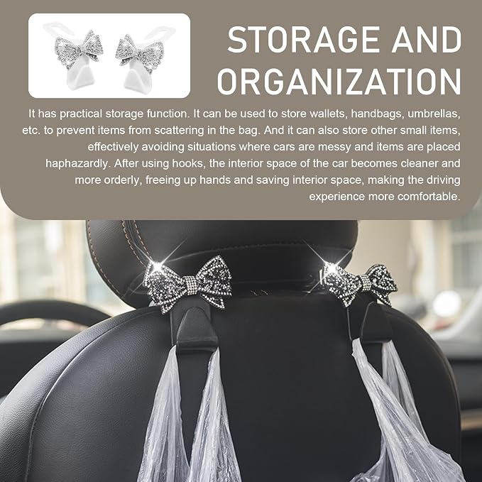 2 PCS Bling Car Seat Headrest Hooks, S Type Crystal Rhinestone Bow Vehicle Seat Back Storage Hooks for Purses Bags Groceries, Universal Diamond Car Rear Seat Organizer (White) - Image 6