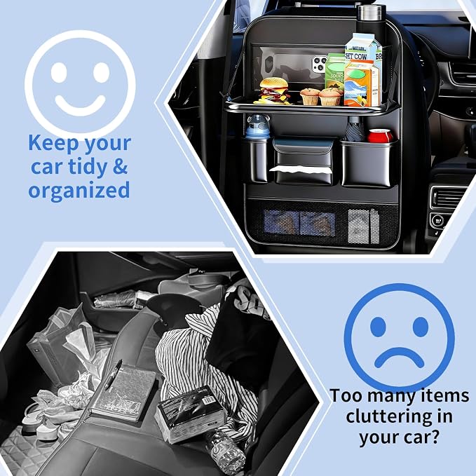 Car Seat Back Organizer with Foldable Tray, Car Seat Back Protector, Premium Leather Kick Mats, Multiple Storage Pockets, Travel Accessories for SUV Truck (Long) - Image 6