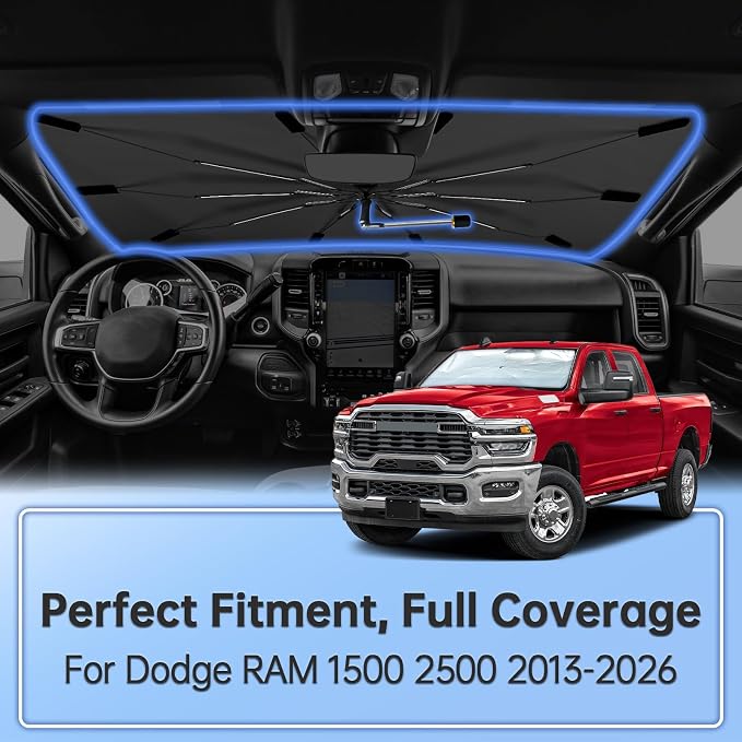 Windshield Sun Shade Umbrella for Dodge RAM 1500 2013-2026 Front Window | Foldable Car Sunshade, 360 Rotation Automotive Interior UV Protection for Outdoor Parking, Keep Car Cool - Image 2