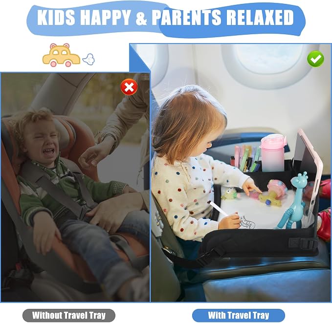 Upgraded Kids Travel Tray for Airplane - Toddler Car Seat Table Tray, Road Trip Essentials for Boys & Girls, Carseat Lap Desk for Kids Road Trip Activities, Black - 2 PCS - Image 3