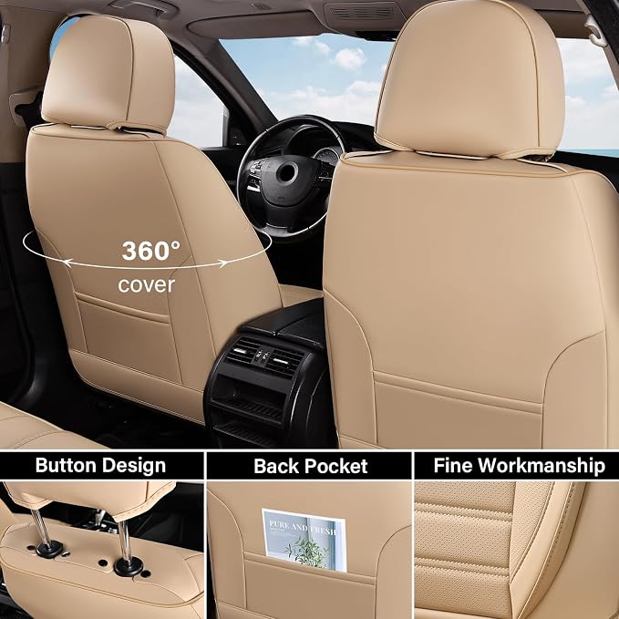 Car Seat Covers Full Set, Beige Seat Covers for Cars, Automotive Seat Covers, Waterproof Nappa Leather Front Seats and Back Car Seat Protector, Universal Fit for Most Cars SUV Trucks - Image 3