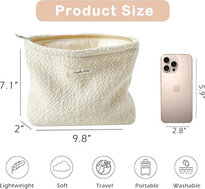 RSRSLEII Travel Woven Woolen Makeup Bag, Vintage Toiletry Bag(03Beige Wool) | Aesthetic Portable Cosmetic Bag with Zipper, Cute Makeup Pouch with Canvas Lining, Car Storage Bag for Women and Girls - Image 3