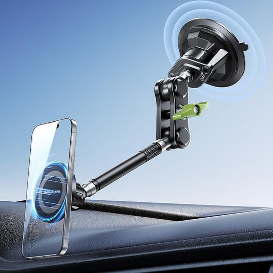 MAGIC JOHN Magnetic Car Phone Holder, Windshield Metal Suction Cup Mount | 360 Degree Rotatable, Strong Suction & Magnetic Force, Solid Metal Frame, Easy Installation by MAGICJOHN