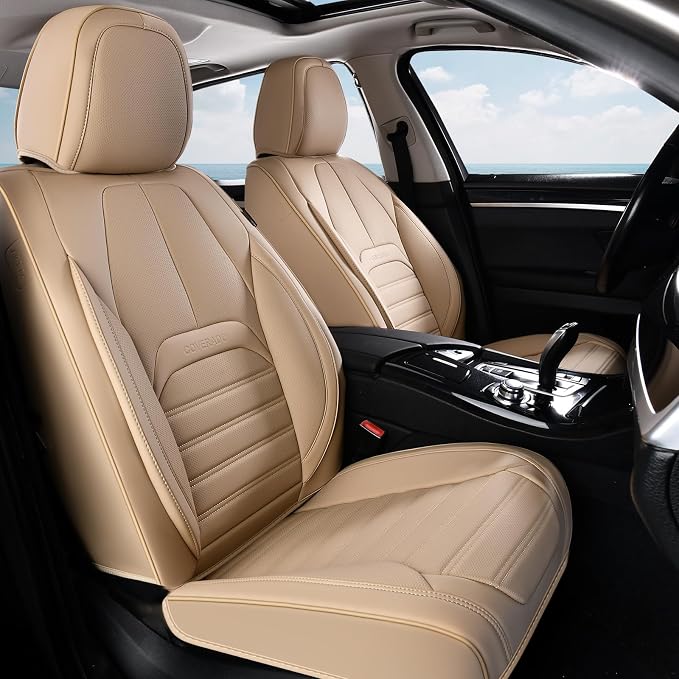 Car Seat Covers Full Set, Beige Seat Covers for Cars, Automotive Seat Covers, Waterproof Nappa Leather Front Seats and Back Car Seat Protector, Universal Fit for Most Cars SUV Trucks - Image 2
