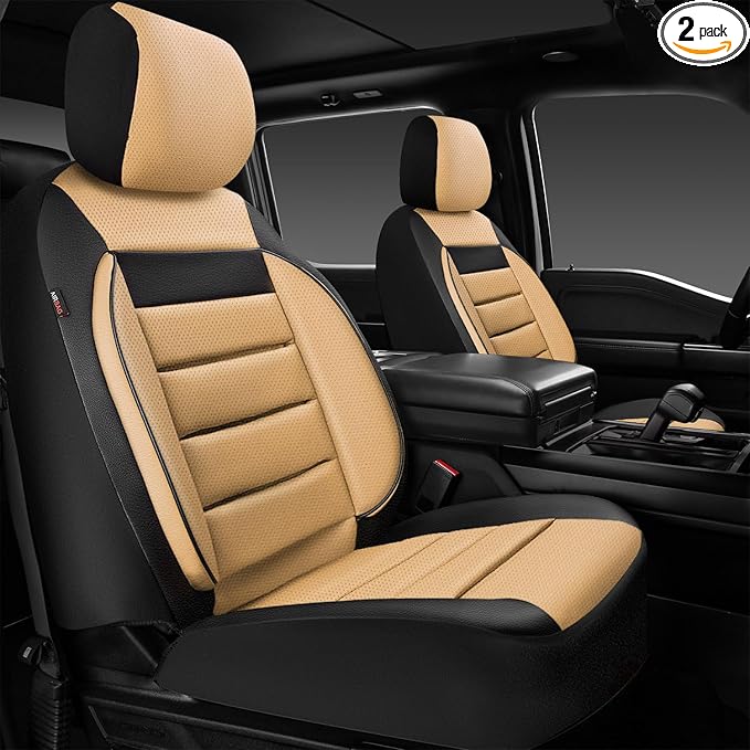 CAR PASS Faux Leather Car Seat Covers Front Seats Only, 3D Foam Support Car Seat Covers, Universal fit for Trucks Vans SUVs Sedans Automotive Comfortable, Airbag Compatible 2 Pieces Front Black Beige by CARPASS