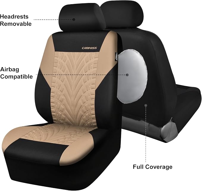 CAR PASS Car Seat Covers Two Front Only for Car, 3D Tyre Print Automotive Interior Covers, Airbag Compatible, Quick Setup Universal Fit Seat Covers for Car, Truck, SUV(Black and Beige) - Image 5