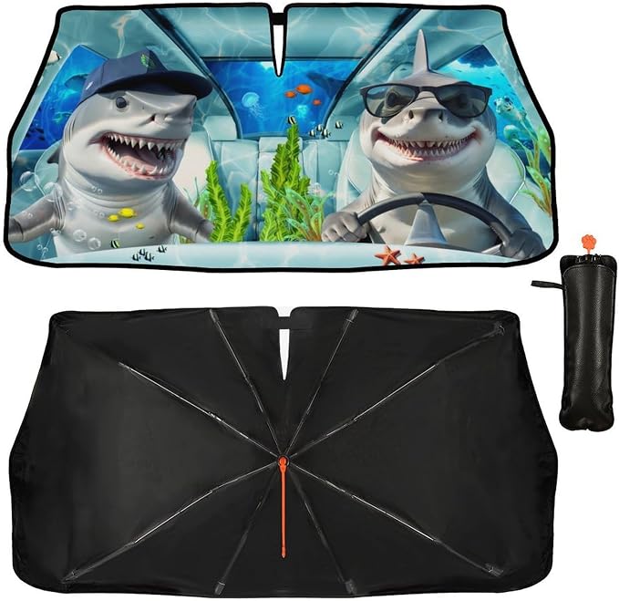 CHILL·TEK Funny Animal Car Windshield Sun Shade Umbrella, Funny Shark Car Sun Shade Umbrella, Block UV Rays Heat Foldable Windshield Umbrella Sun Visor Protector - Keep Vehicle Cool for Cars SUV - Image 2