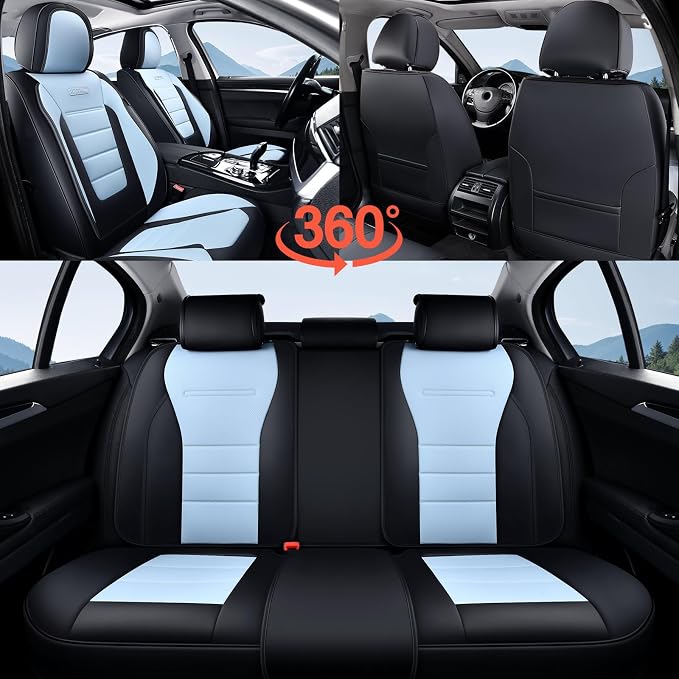 Coverado Car Seat Covers Full Set, Nappa Leather Seat Covers for Cars, Car Seat Protector Car Seat Cushion, Front and Back Seat Protectors Cushions Universal Fit for Most Cars (Black&Light Blue) - Image 8