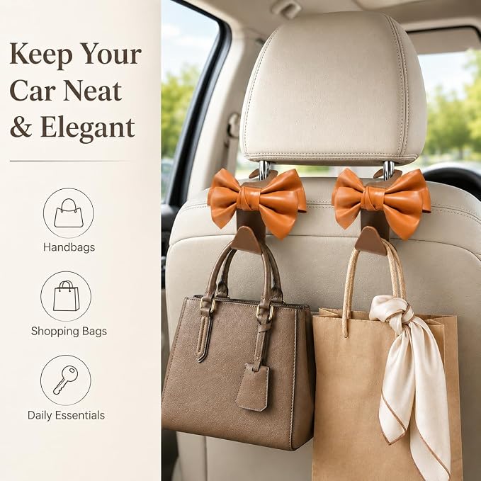 2 Pack Car Purse Hooks, Headrest Hooks for Cars, brown | Car Bag Hanger for Groceries, Coats, Umbrellas and Daily Essentials, Bow-Shaped Car Interior Organizer for Handbags and Bags - Image 3