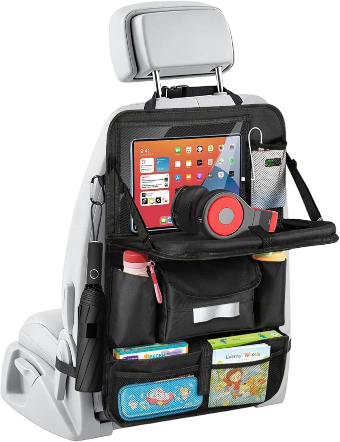 MoKo Car Organizer Back Seat, 8 Pockets Foldable Tray 600D Black, 1 Pack | 600D Oxford Backseat Car Organizer, Back Seat Organizer with Foldable Table Tray and Transparent Tablet Pocket for Road Trip by MoKo