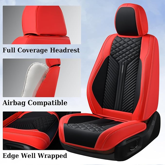 Coverado Front Seat Covers, 2 Pack Waterproof Seat Covers for Cars, Luxury Leather Seat Cushions, Front and Rear Seat Protectors, Auto Seat Covers Fit for Most Vehicles(Black&Red) - Image 5