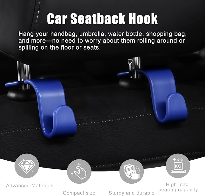 Purse Hook for Car, 4 PCS Car Purse Hook Headrest Hooks, 360° Rotatable Back Seat Storage Organizer, Universal Vehicle Seat Hanger for Purses, Handbags, Grocery Bags, Water Bottles, Blue - Image 3