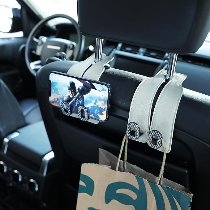 Car Headrest Hooks Universal Car Purse Hook Premium Leather and Alloy Twin Hook Car Seat Back Storage Hanger Hook for Purse Bags Cloth Drink Durable Holder Car Accessories (BH09-White-Black-4 Pcs) - Image 3