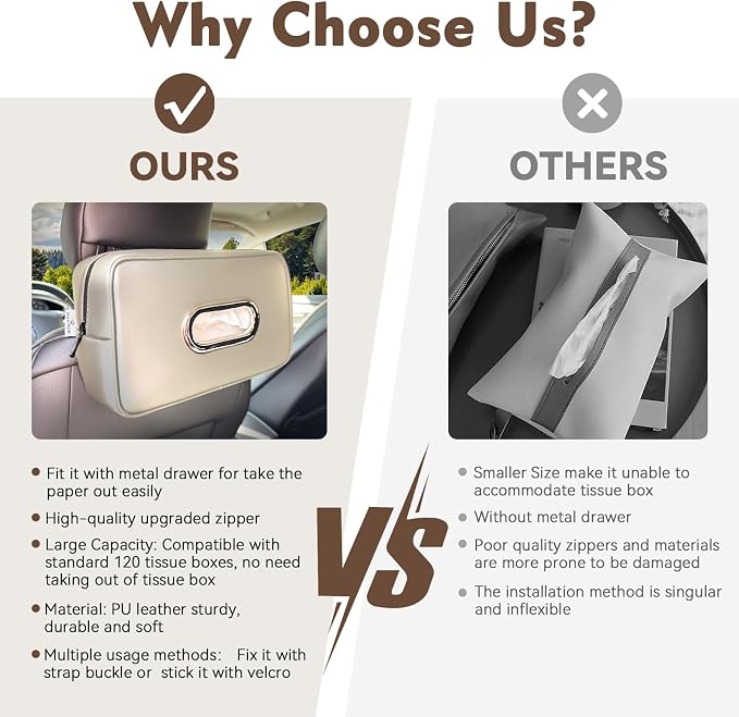 Noaman 2Pack Car Tissue Holder Leather, Car Kleenex or Napkin Holder Beige | Large tissue holders for car fit 120 Kleenex boxes. Rectangular backseat napkin holder Essential car organization accessories - Image 5