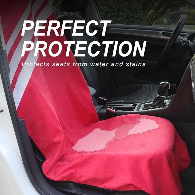 Sweat Towel Car Seat Cover Protector Front Seats for Gym Workout, Running, Swimming, Beach and Hiking, Waterproof Universal Seat Cover for Car, Trucks, Van & SUV (1, FSH-RED/White, Front) - Image 2