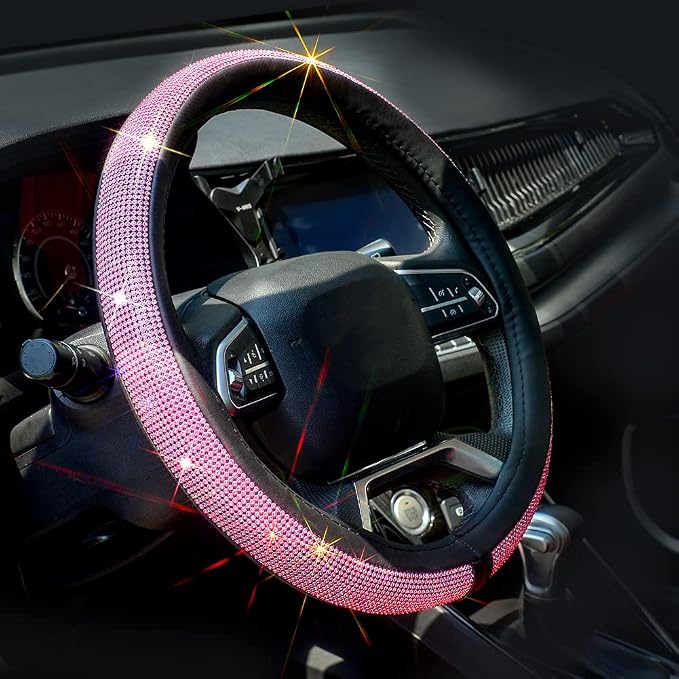 ChuLian New Diamond Leather Steering Wheel Cover with Bling Crystal | Universal Fit 15 Inch Car Wheel Protector for Women Girls with Bling Rhinestones Pink Diamond by ChuLian