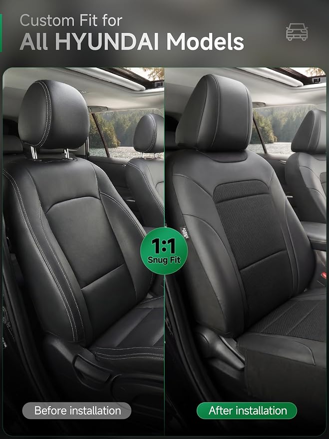 GIANT PANDA Air Cool Mesh Car Seat Cover Custom Fit Hyundai Sonata Elantra Santa Fe Tucson Accent Kona Palisade,Breathable Cooling Seat Protector with Leather Back Pannel(Black) - Image 2