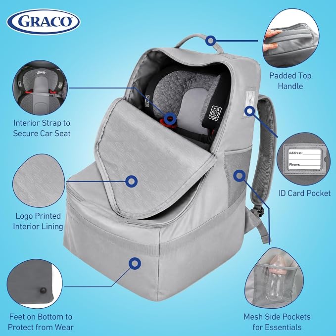 Graco Padded Car Seat Travel Bag & Infant Carrier Backpack, Gray | Durable Large Back Pack for Carseats & Booster Seats, Airport Gate Check Bag Luggage, Water Resistant Material - Image 4
