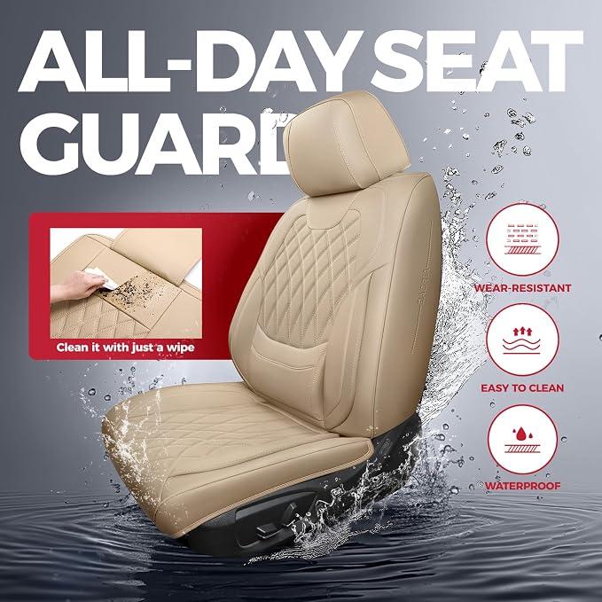 FREESOO Car Seat Covers Full Set Faux Leather Universal Fit Beige | faux nappa leather seat covers, waterproof breathable, full set lumbar support, front rear covers, fit sedans suvs pickups - Image 5