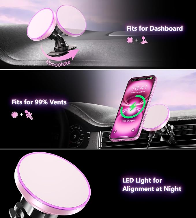 BHHB for Magsafe Car Mount Charger, [2026 Upgrade] 15W 2in1 Magnetic Wireless Car Charger, for Magsafe Car Charger, Vent/Dashboard Phone Holder, ONLY for iPhone 17 16 15 14 13 12 Series (Pink) - Image 3