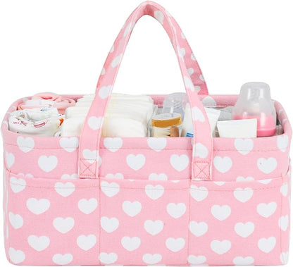 Diaper Caddy Organizer for Baby Girl-Nursery Storage Bin-Portable Car Organizer for Diapers and Baby Wipes- Baby Shower Registry Basket Newborn Must Have Tote Caddy Bag（Pink Heart） by QiANBiRD