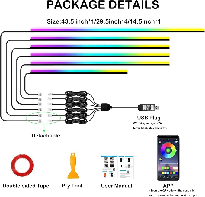 Acrylic Interior Car LED Strip Lights, USB Dreamcolor (6 in 1) | Acrylic LED Lights for Car with Wireless APP and Button Control, RGB Dynamic Chasing, Music Sync Ambient Lighting Kits - Image 7