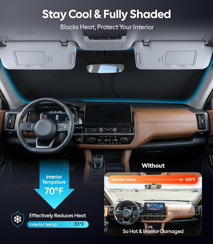 Wigoo for Nissan Pathfinder Windshield Sunshade, Custom Fit, Keeps Cool | Custom Fit, Cooling Tech Fabric, Foldable Heat-Blocking Sunshade with Storage Bag, for Nissan Pathfinder 2022-2026 - Image 2