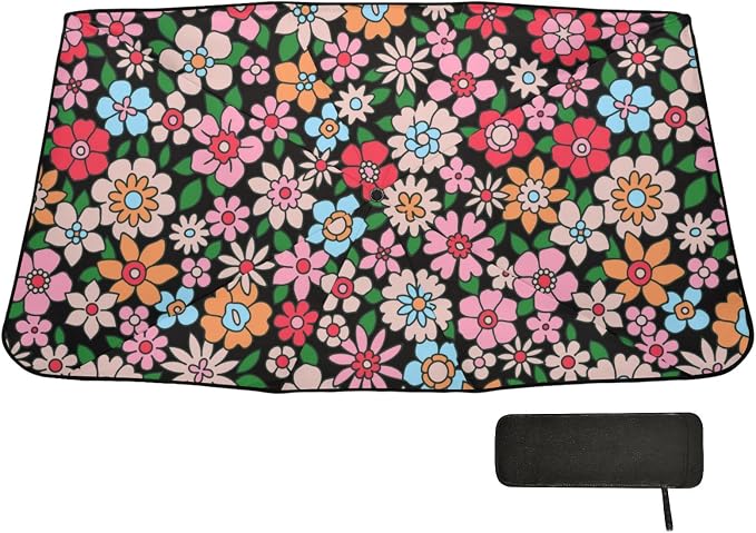 Cute Pink Flowers Windshield Sun Shade Umbrella Colorful Floral Hippie Foldable Car Front Window Sunshade Blocks UV Rays Heat Keep Vehicle Cool (55" x 27.5") - Image 6