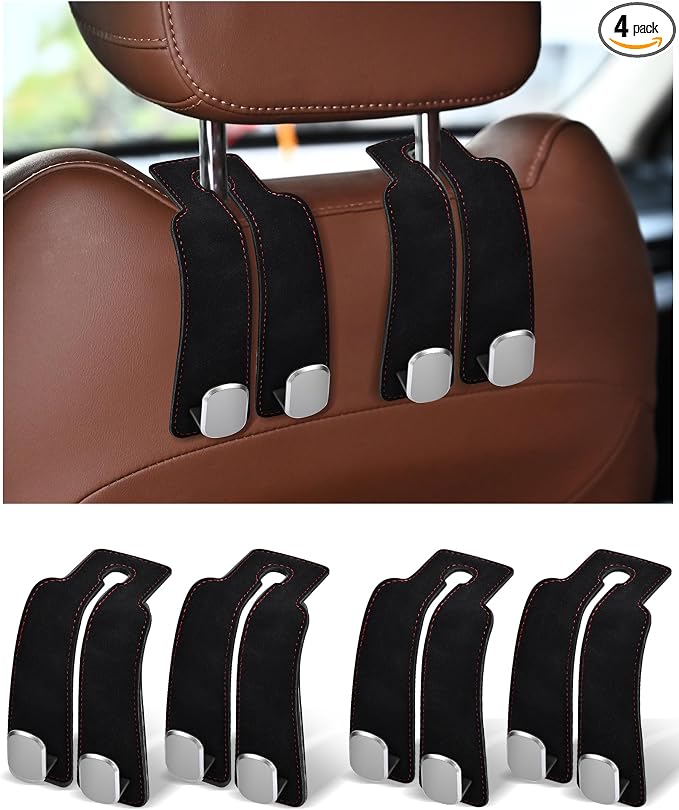 Headrest Hooks for Car, 4 Pack Car Seat Back Organizer Storage Hook, Double Hook Car Seat Hooks for Hanger Purses and Bags, Leather Purse Holder for Car, Black by LQLAN