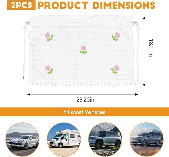 Wuyaoyao 2PCS Car Window Curtains, Cute Blockout Car Side Window Shade Privacy Curtains for Baby with Suction Cups, Vehicle Sun Shade Blocker for Windows, UV Protection & Glare Shield (Tulips) - Image 2