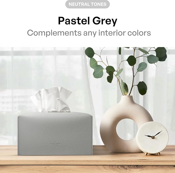 Carrotez Tissue Box Cover, [Refined] Modern PU Leather Rectangular Tissue Box Holder - Decorative Holder/Organizer for Bathroom Vanity Countertop, Night Stands, Office Desk 9.5"X5"X5" - Pastel Grey - Image 3