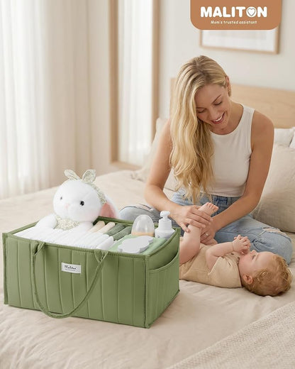 Maliton Baby Diaper Caddy Organizer for Changing Table, Green | Portable Car Diaper Organizer Caddy with 2 Side Pockets - Versatile Storage Basket for Wipes and Baby Essentials - Image 2