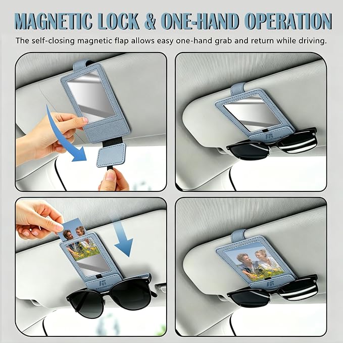 Magnetic 2-in-1 Sunglass & Photo Holder for Car Visor, Leather Anti-Slip No-Fall No-Slide, Fits SUV Truck RV - Image 4