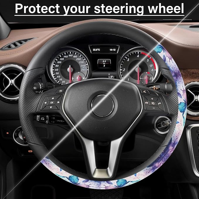 Purple FlowerSteering Wheel Cover Neoprene Material Most Cars Men&Women Universal 15 inch Premium Non-Slip Spring Steering Wheel Protector Floral Cute Car Accessories - Image 5