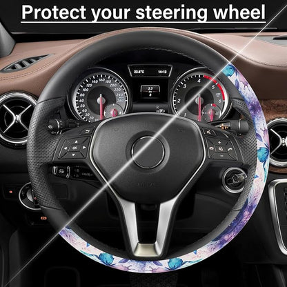 Purple FlowerSteering Wheel Cover Neoprene Material Most Cars Men&Women Universal 15 inch Premium Non-Slip Spring Steering Wheel Protector Floral Cute Car Accessories - Image 5