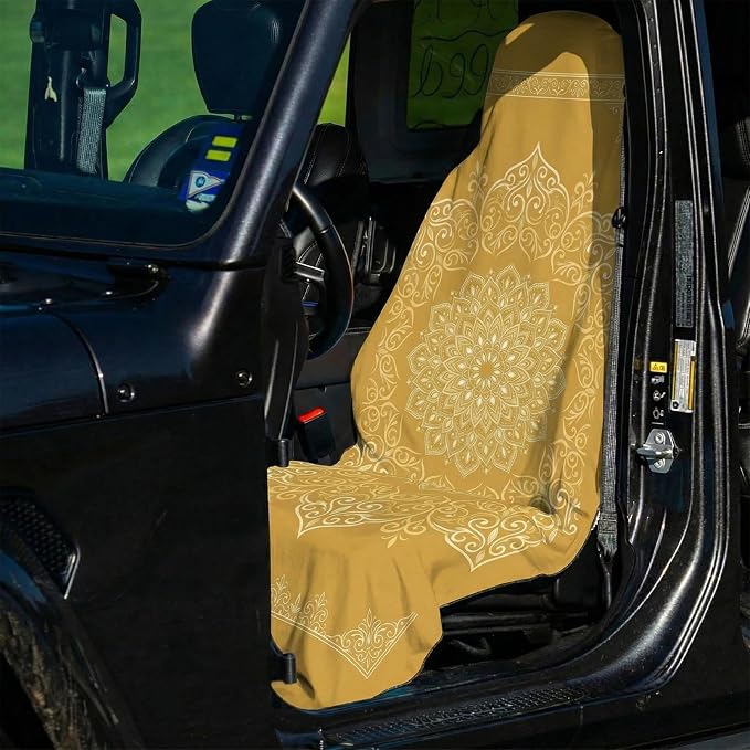 2 Pack Car Seat Towel Covers for Gym, Front Seats, Mandala Gold | Ethnic Sweat Protector for Front Seats Premium Thickened with Elastic Strap Breathable & Quick Dry Machine Washable Running - Image 4