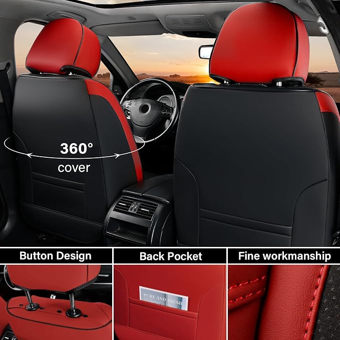 Coverado Seat Covers Full Set, 5 Seats Car Seat Cover Winter, Front and Back Seat Covers for Cars, Breathable Faux Leather Car Seat Cushion, Car Seat Protector Universal Fit for Most Cars Vans, Red - Image 3
