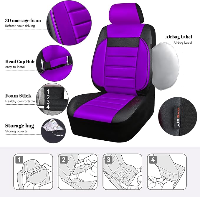 CAR PASS Leather Seat Covers Full Set Universal Water Resistant 3D Foam Back Support, Luxury Comfort Automotive 5 Seat Covers All Season Fit for SUV,Sedan,Van, Airbag Compatible Elegance(Purple Black) - Image 5