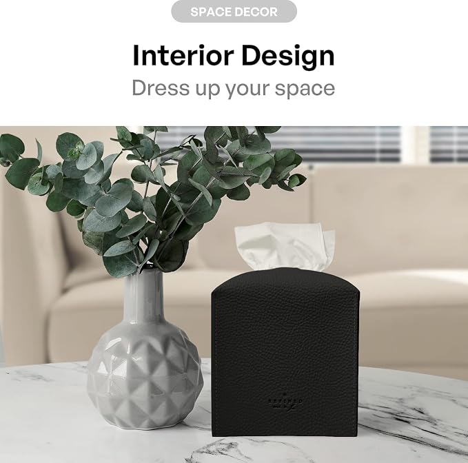 carrotez Tissue Box Cover, [Refined] Modern PU Leather Square Tissue Box Holder - Decorative Holder/Organizer for Bathroom Vanity Countertop, Night Stands, Office Desk & Car 5X5X5 - Black - Image 4